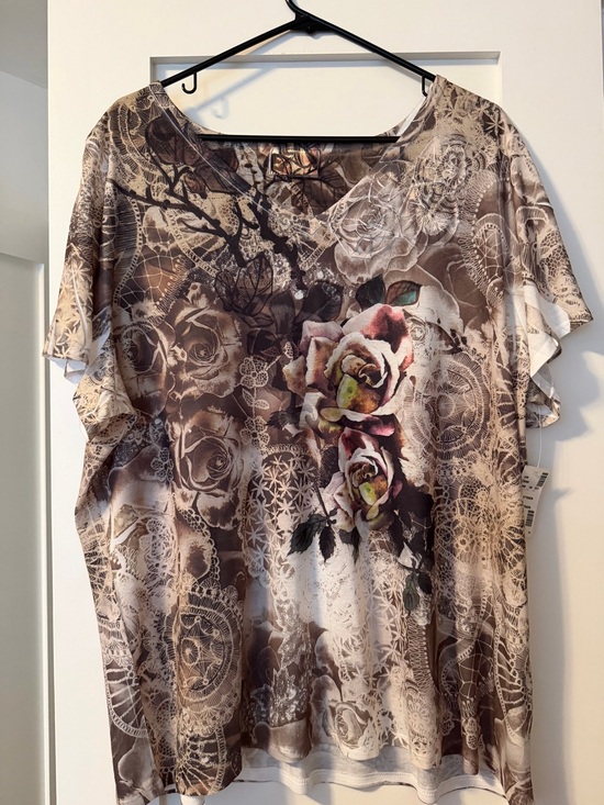 Avenue Tops - Avenue Taupe Floral Lace-Print Short Sleeve Tunic with other colors